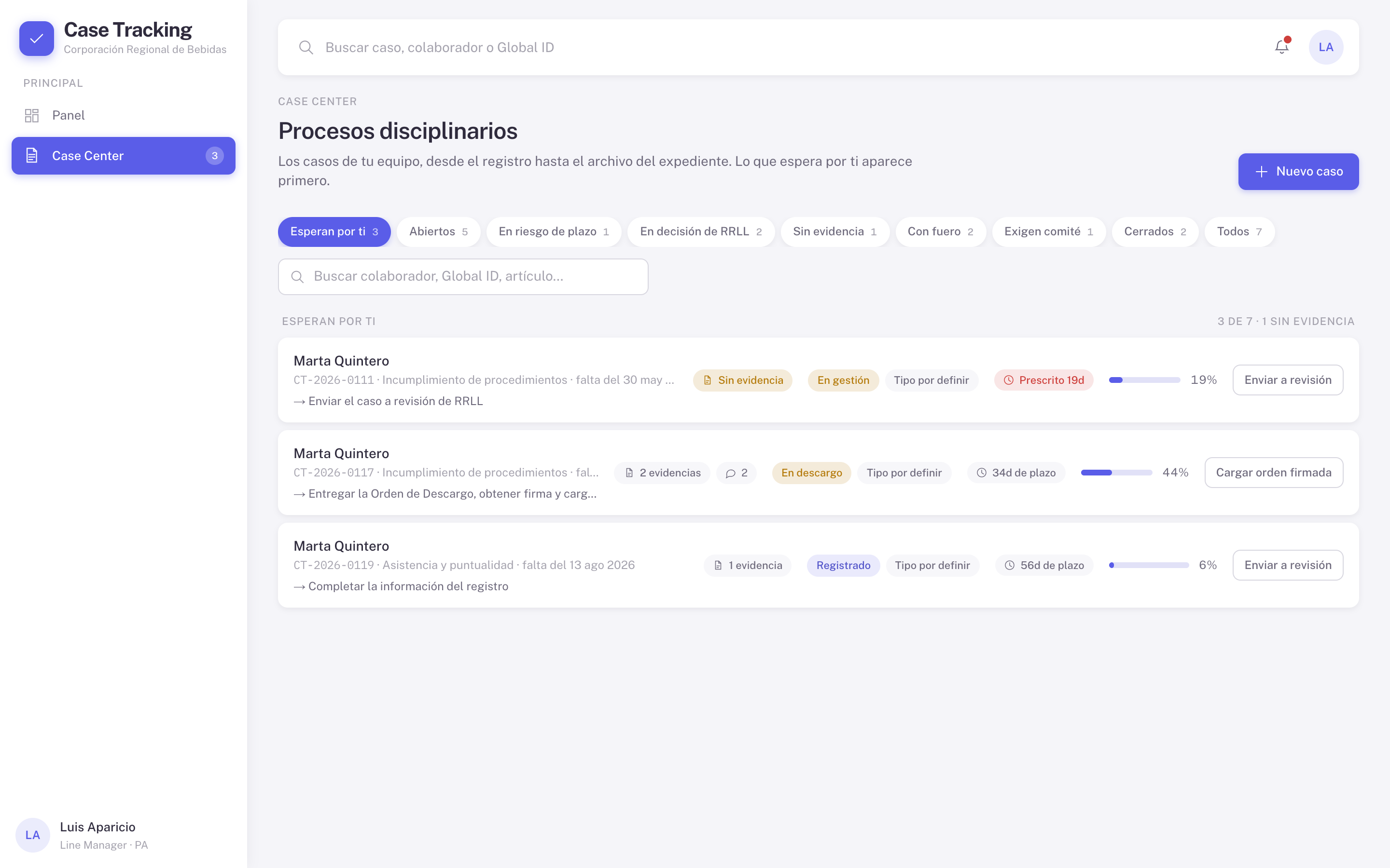 Lista de casos de NexCase: filtros por plazo, protección legal y comité, con los casos que esperan una acción.