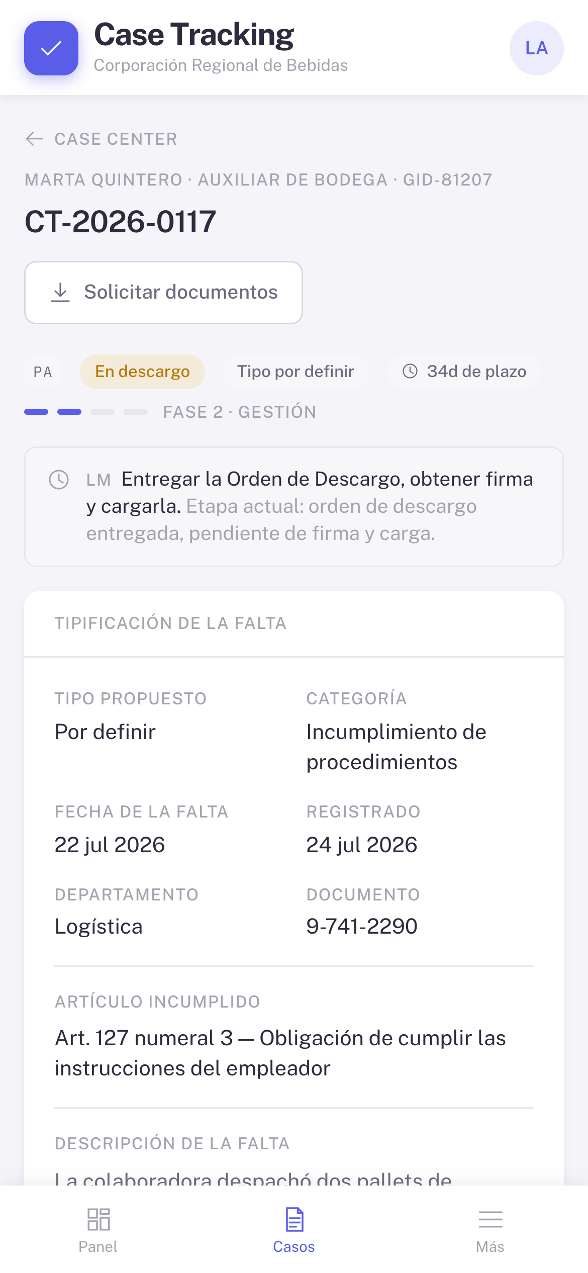 NexCase en el teléfono: un caso con su estado, su plazo y lo que le toca hacer al supervisor.