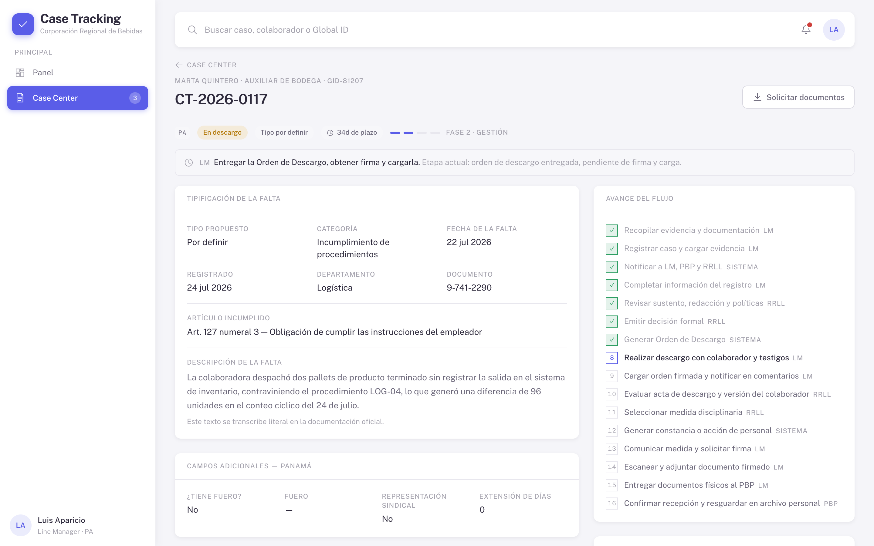 Un caso en NexCase: datos de la falta, campos propios de Panamá y la lista de dieciséis pasos con su avance.