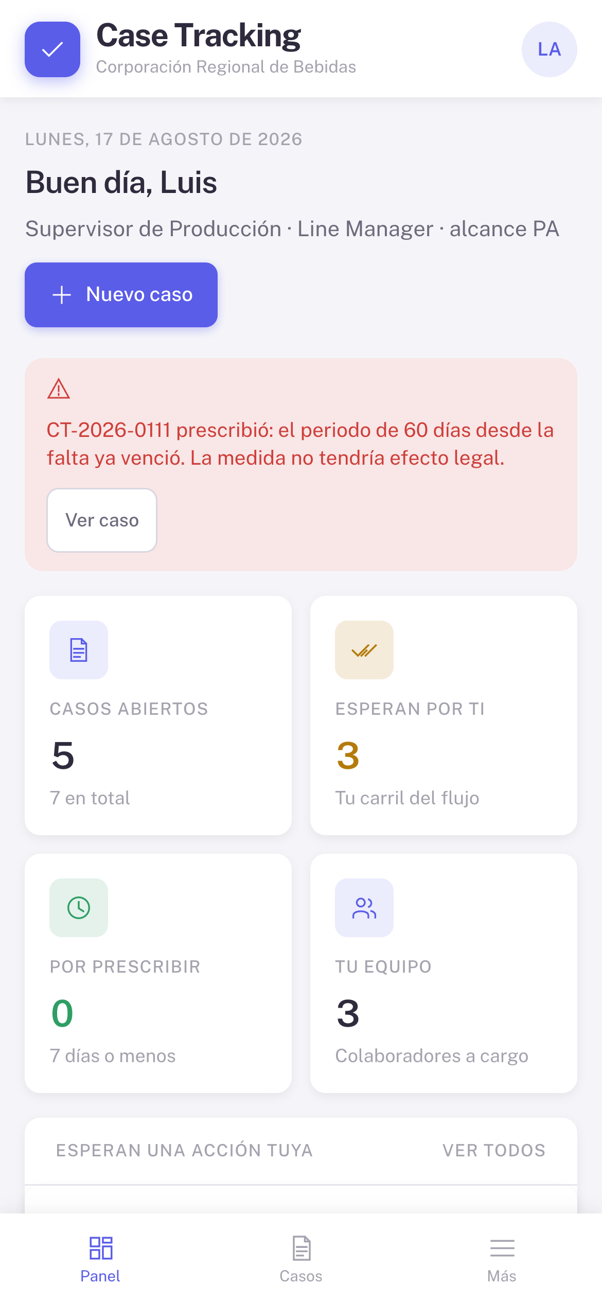 NexCase en el teléfono: la misma pantalla de inicio del supervisor, con el aviso de plazo y sus casos pendientes.