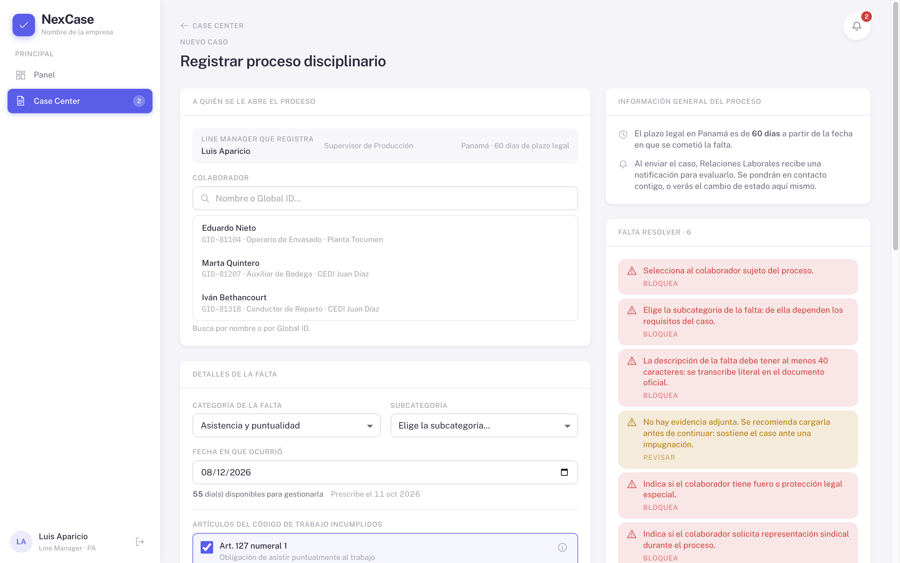 Registro de un nuevo caso en NexCase: fecha de la falta, artículo, descripción y la fecha límite calculada.